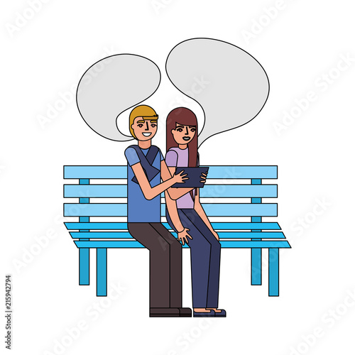 couple talk making selfie sitting on bench
