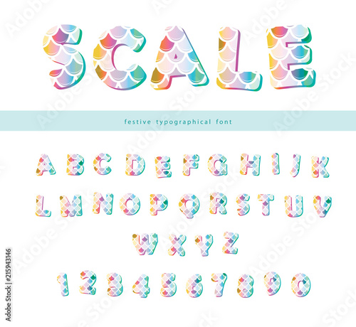 Mermaid scale trendy font. Cute alphabet for mermaid birthday cards, posters. Vector