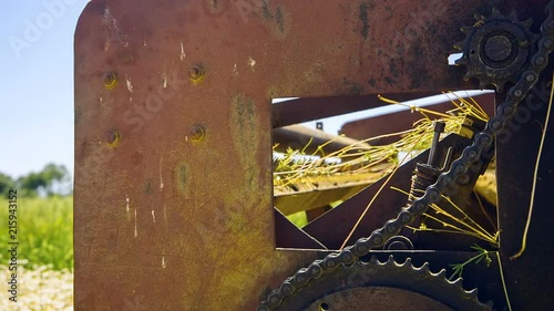 The farmer cleans the combine harvester from the grass photo