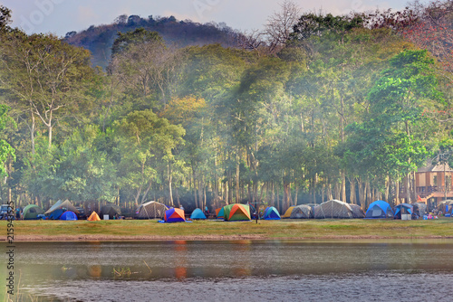 Landscape of lots of tent beside the reservoir, river at Samlan national park, Saraburi, Thailand