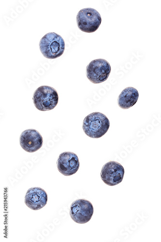 falling fresh ripe blueberry isolated on white background. Top view. Flat lay pattern