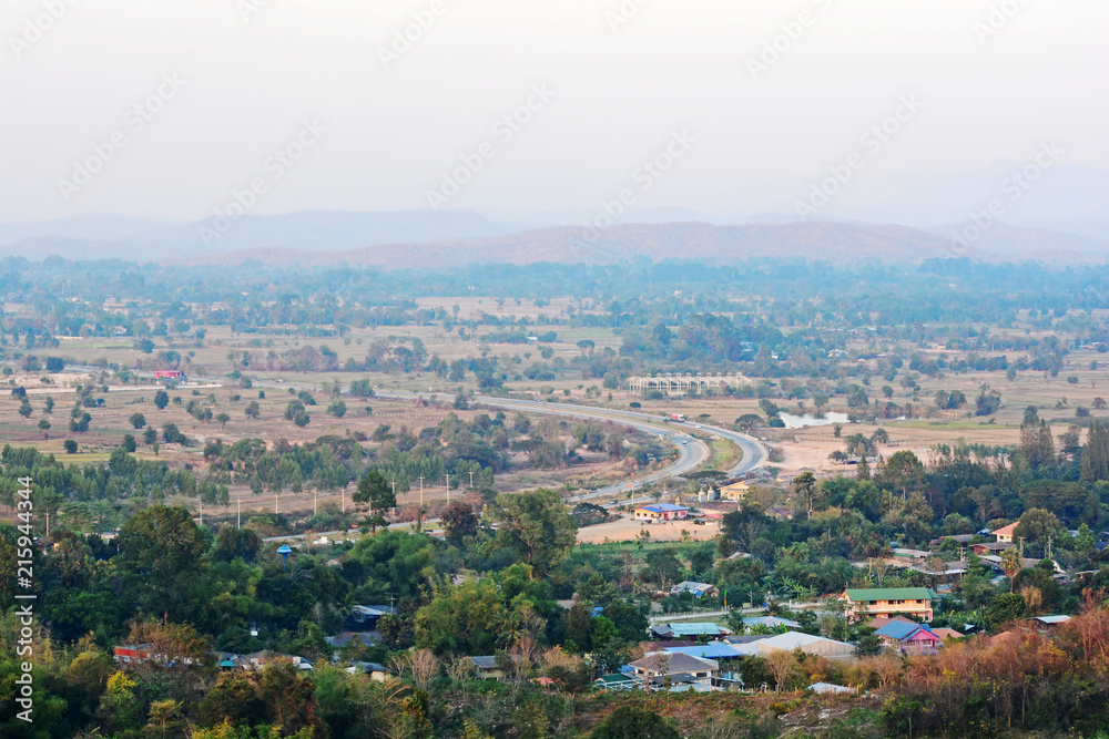 City view and village road, bird eye view