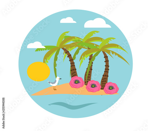 Logo with exotic travel island in the ocean with palms  hand deawn digital illustration in circle
