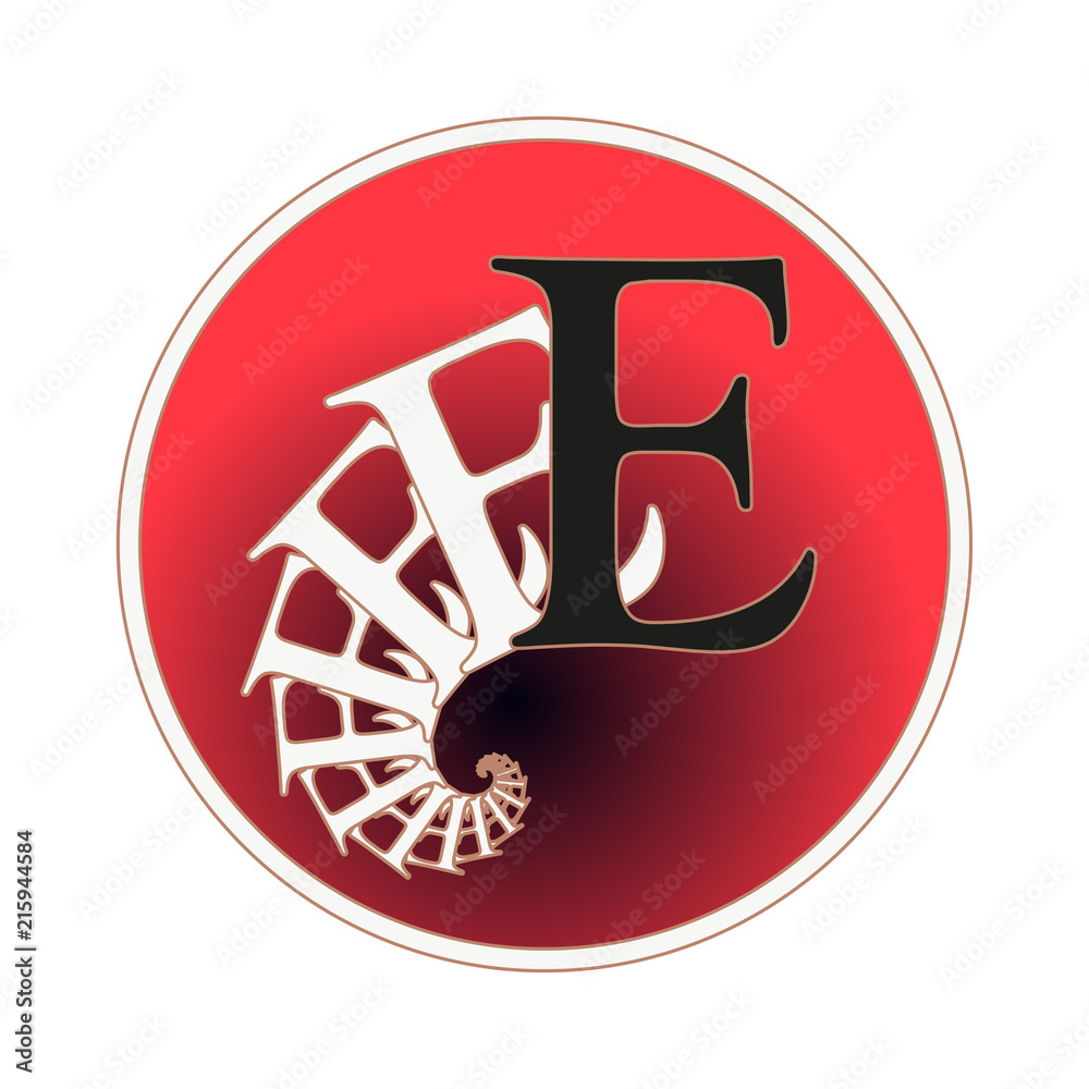 letter E circular label with fractal spiral tail pattern in red