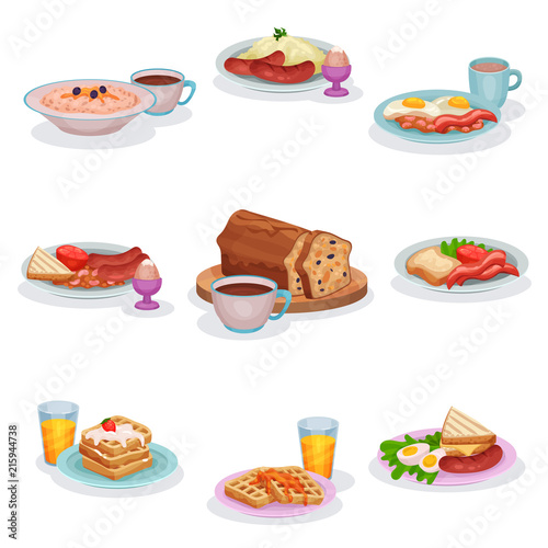 Traditional English breakfast dishes set, oatmeal porridge, mashed potatoes with sausages, eggs and ham, classic fruitcake, waffles vector Illustrations