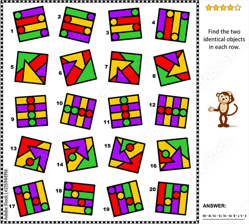 IQ and spatial reasoning skills training abstract visual puzzle: Find the two identical objects in each row. Answer included.