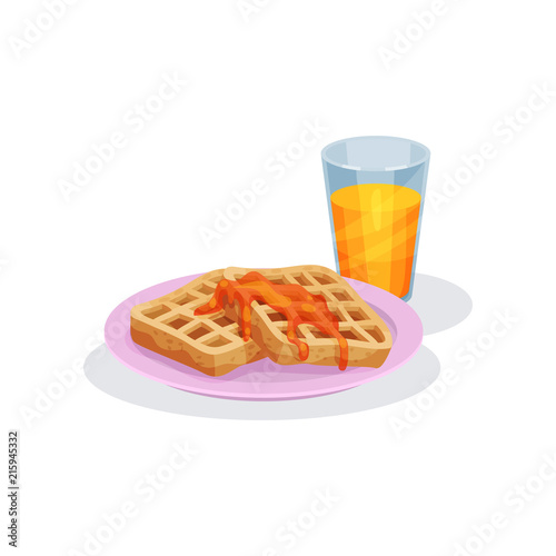 Belgian waffles with caramel topping and glass of juice, traditional food for breakfast vector Illustration on a white background