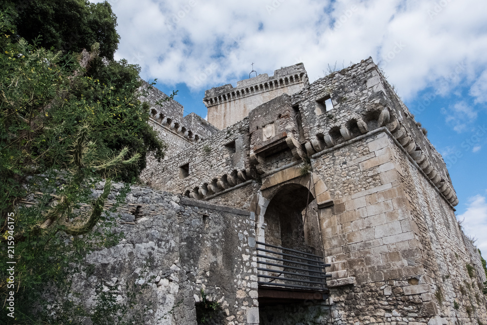 Stone castle with plants and blue sky with clouds background.