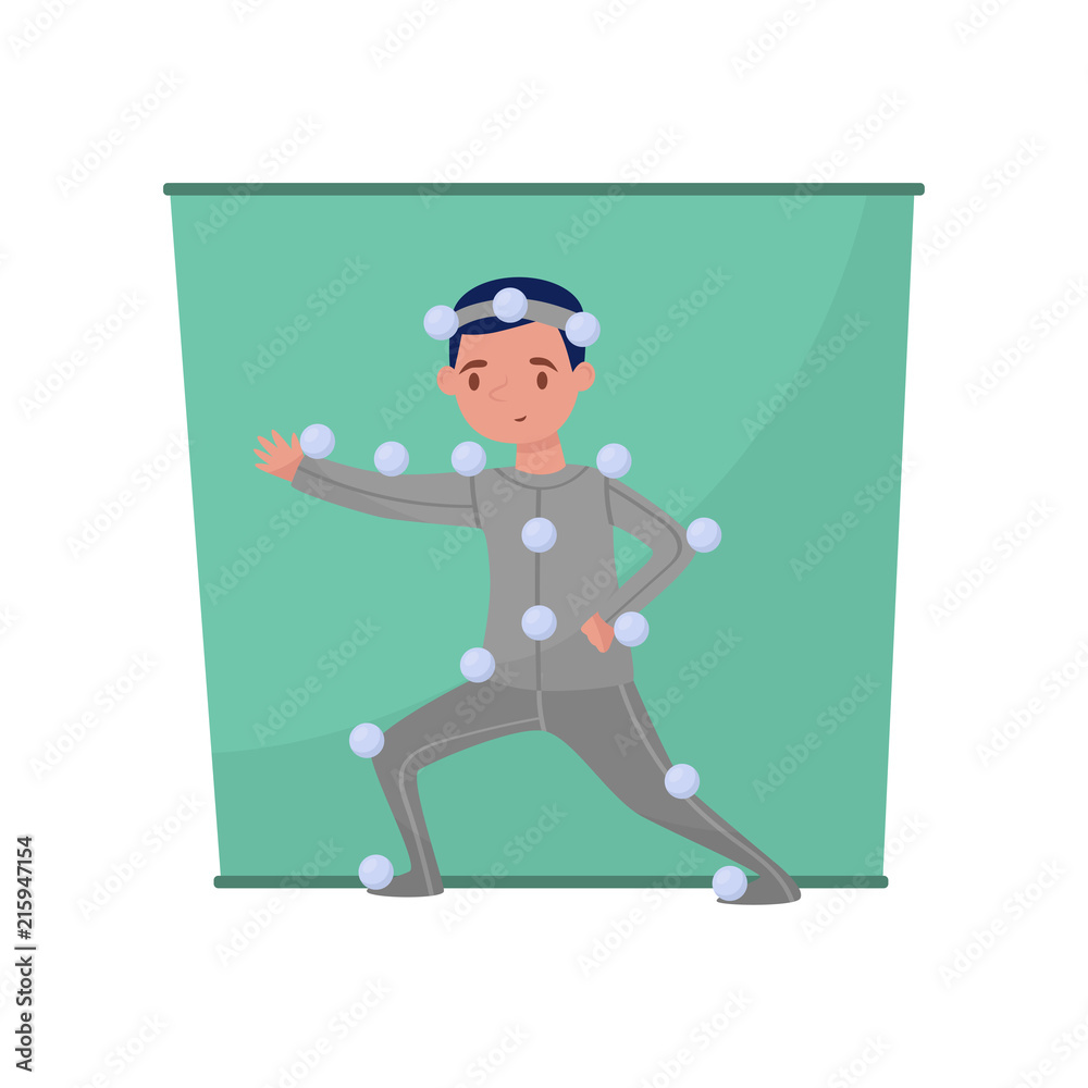 Fototapeta premium Man in special costume over green screen. Young guy posing on chroma key backdrop. Film production theme. Flat vector design