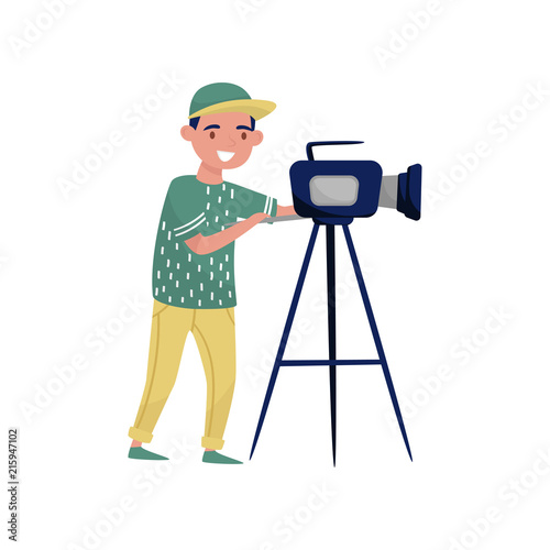 Young man looking through video camera on tripod. Cameraman making movie with professional equipment. Flat vector design