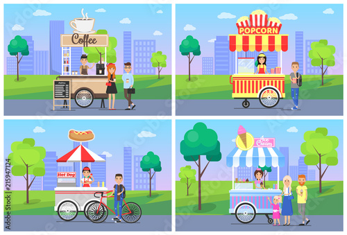 Coffee and Popcorn City Set Vector Illustration