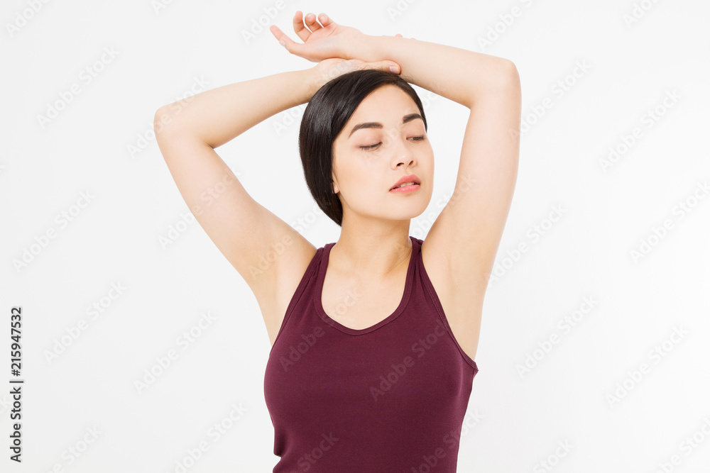 Skin care and armpit concept. Young asian woman isolated on white background in summer shirt. Copy space. Skin care and armpit concept. Young asian woman isolated on white background in summer shirt. Copy space.