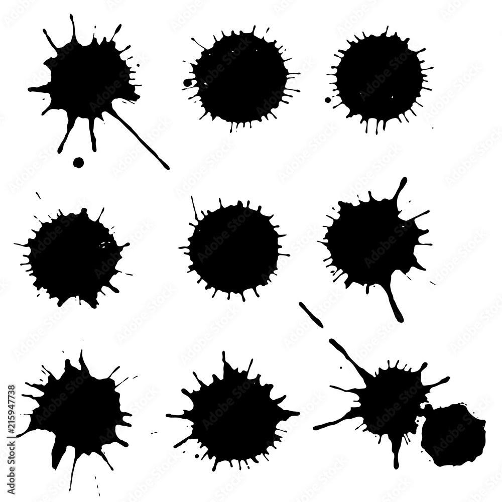 Black ink paint spots. Drops texture isolated on white background. Set for grunge splash textures. Vector illustration. Black ink paint spots. Drops texture isolated on white background. Set for grunge splash textures. Vector illustration.