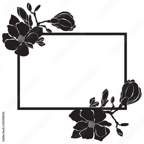 Floral background with magnolia and place for text. Black and white vector frame. Rectangle.  It can be an invitation, a greeting card or an element of your design.