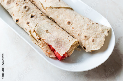 Turkish Fast Food Wrap Gozleme with Tomatoes and Cheese