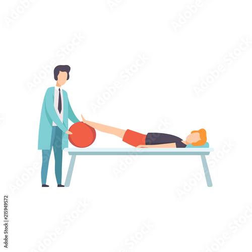 Therapist working with disabled patient lying on the couch, medical rehabilitation, physical therapy activity vector Illustration
