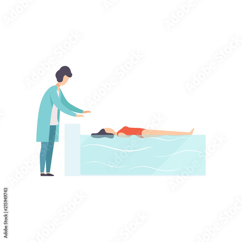 Therapist working with disabled female patient lying in swimming pool, medical rehabilitation, physical therapy activity vector Illustration