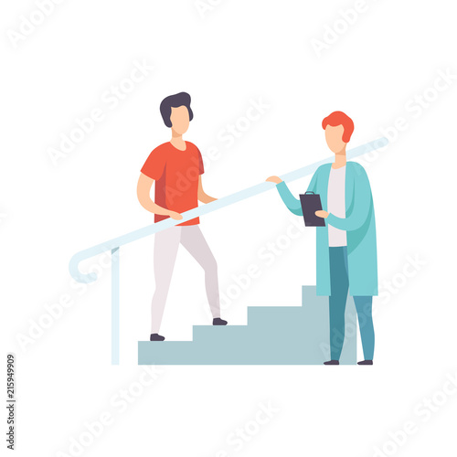 Therapist working with male patient climbing the stairs, medical rehabilitation, physical therapy activity vector Illustration