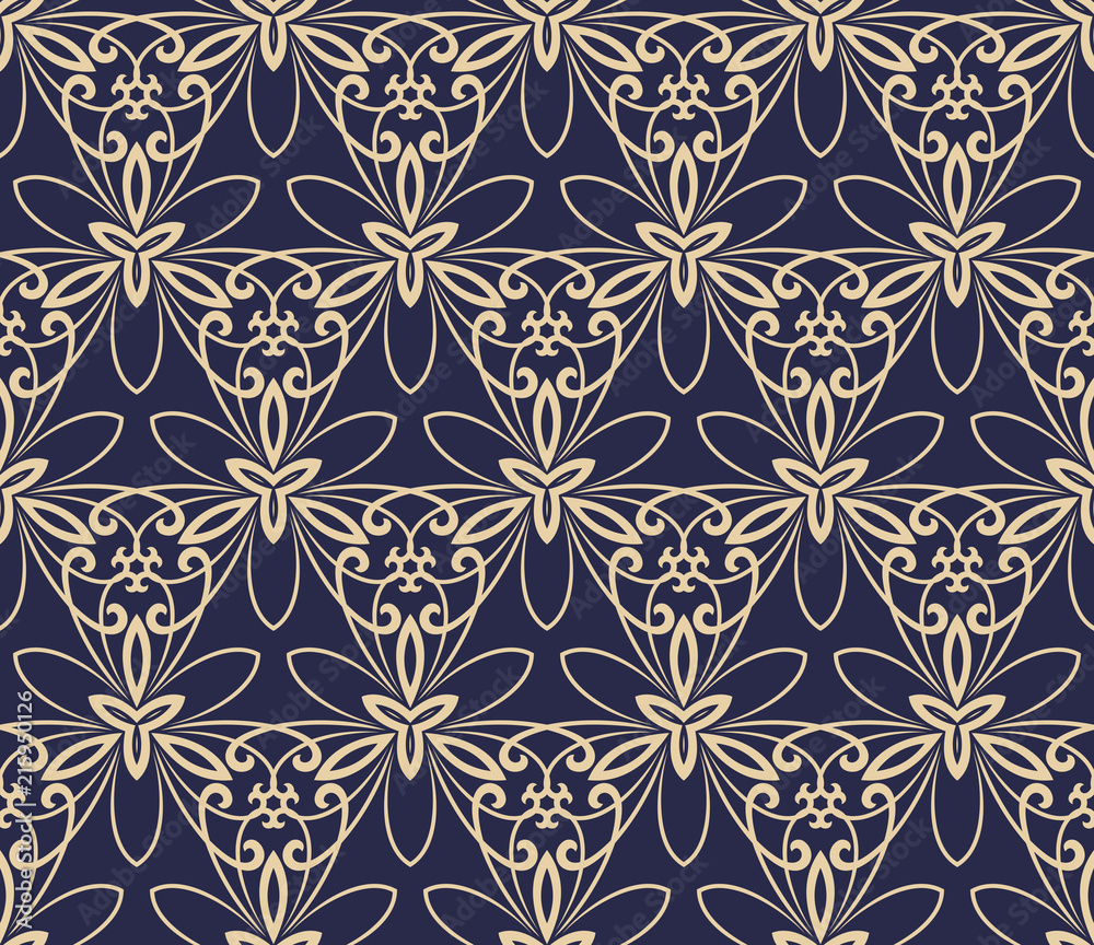 Floral vector ornament. Seamless abstract classic background with golden flowers. Pattern with repeating floral elements. Ornament for fabric, wallpaper and packaging