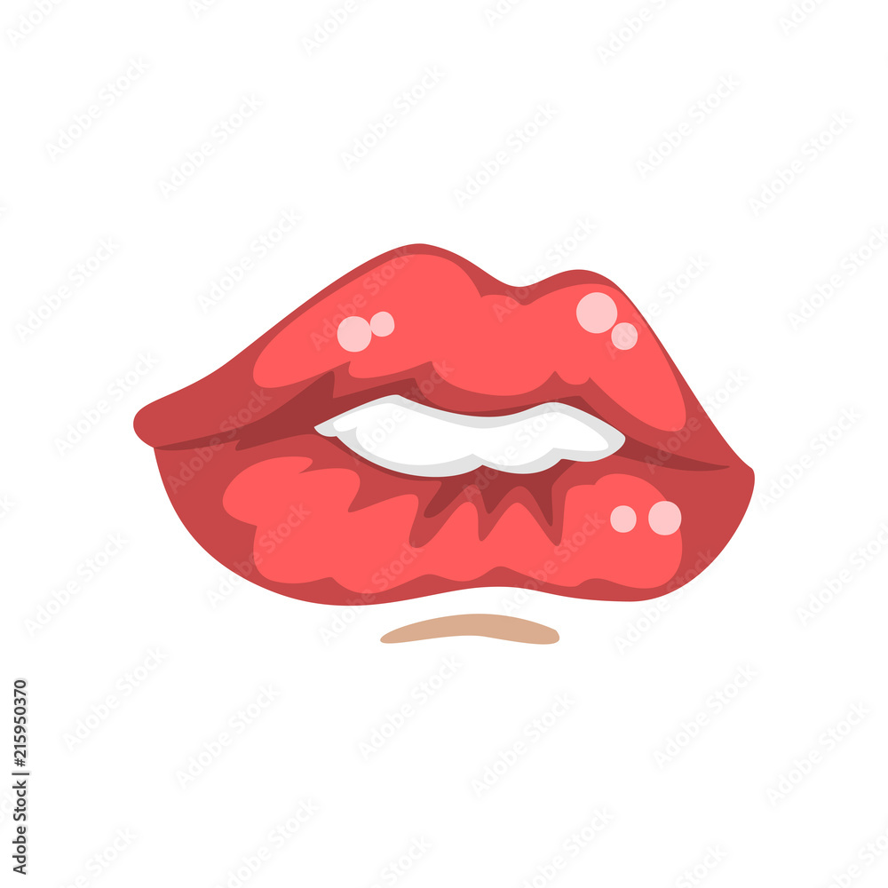 Beautiful female mouth biting red lower lip, emotional lips of young woman vector Illustration on a white background