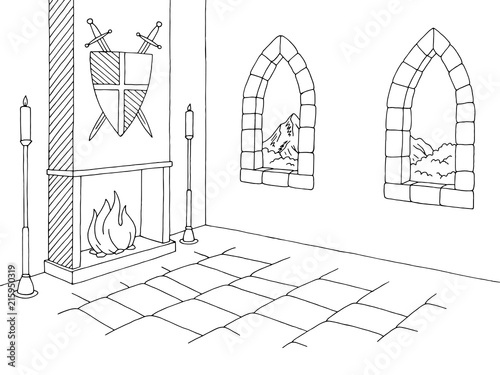 Castle interior graphic black white medieval sketch illustration vector