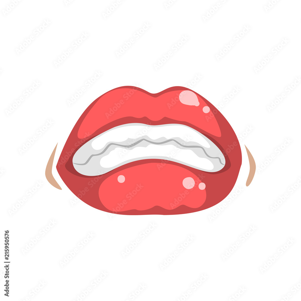 Red female mouth with bared teeth, emotional mouth of young woman vector Illustration on a white background