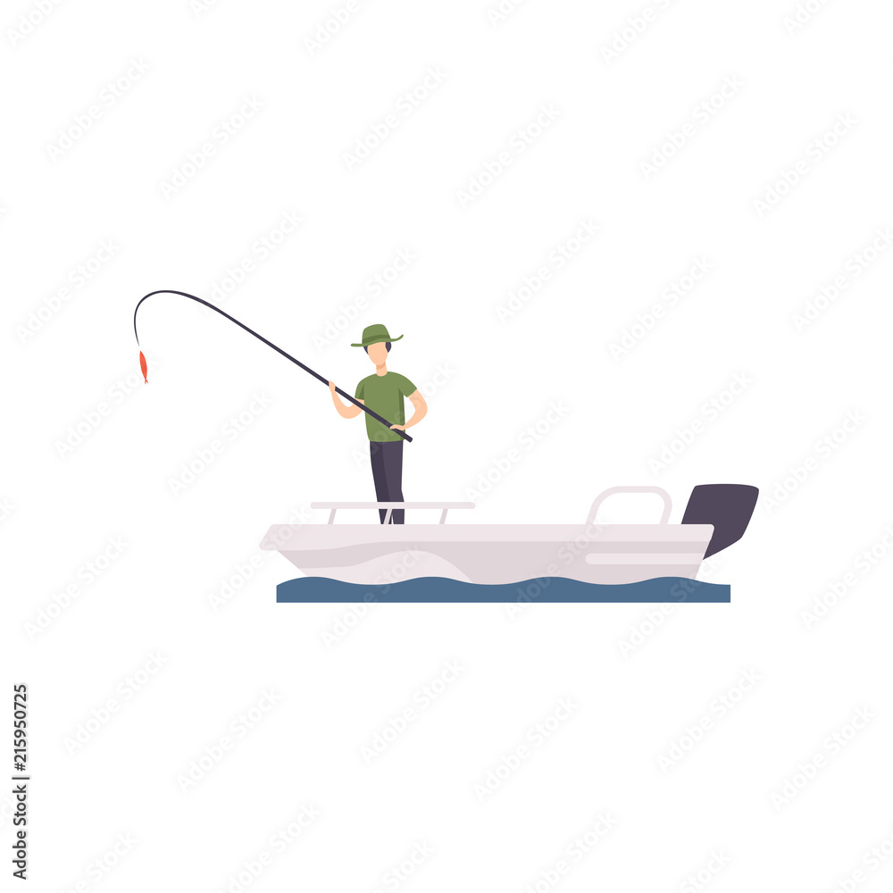 Fisherman standing on boat and fishing with a fishing rod vector Illustration on a white background