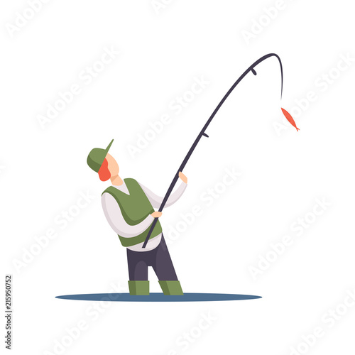 Fisherman fishing with a fishing rod vector Illustration on a white background