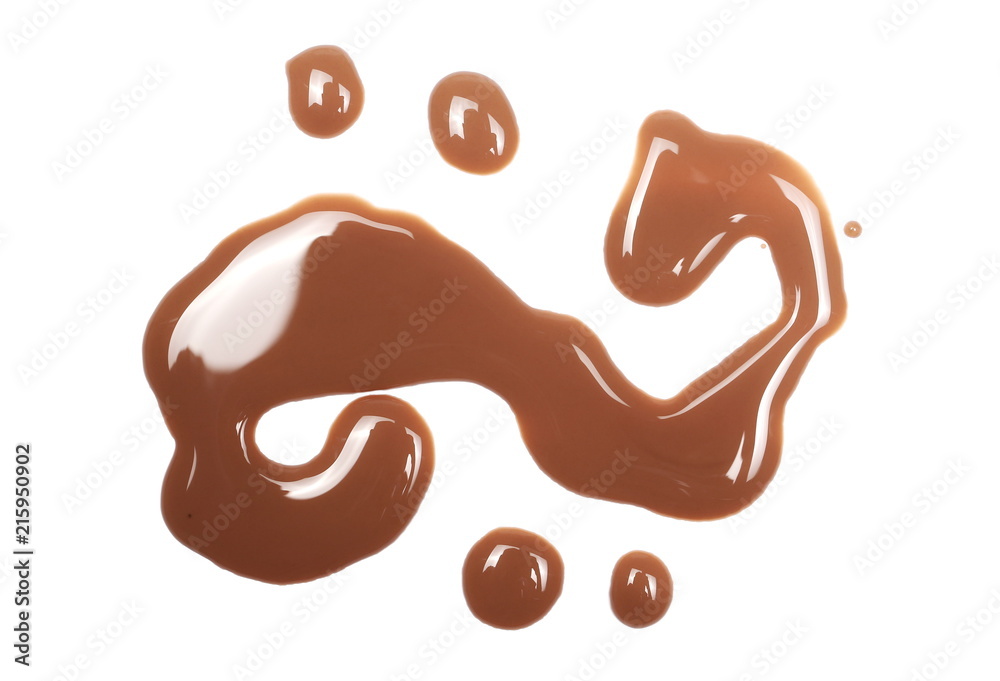 Spilled chocolate milk puddle isolated on white background, top view Spilled chocolate milk puddle isolated on white background, top view