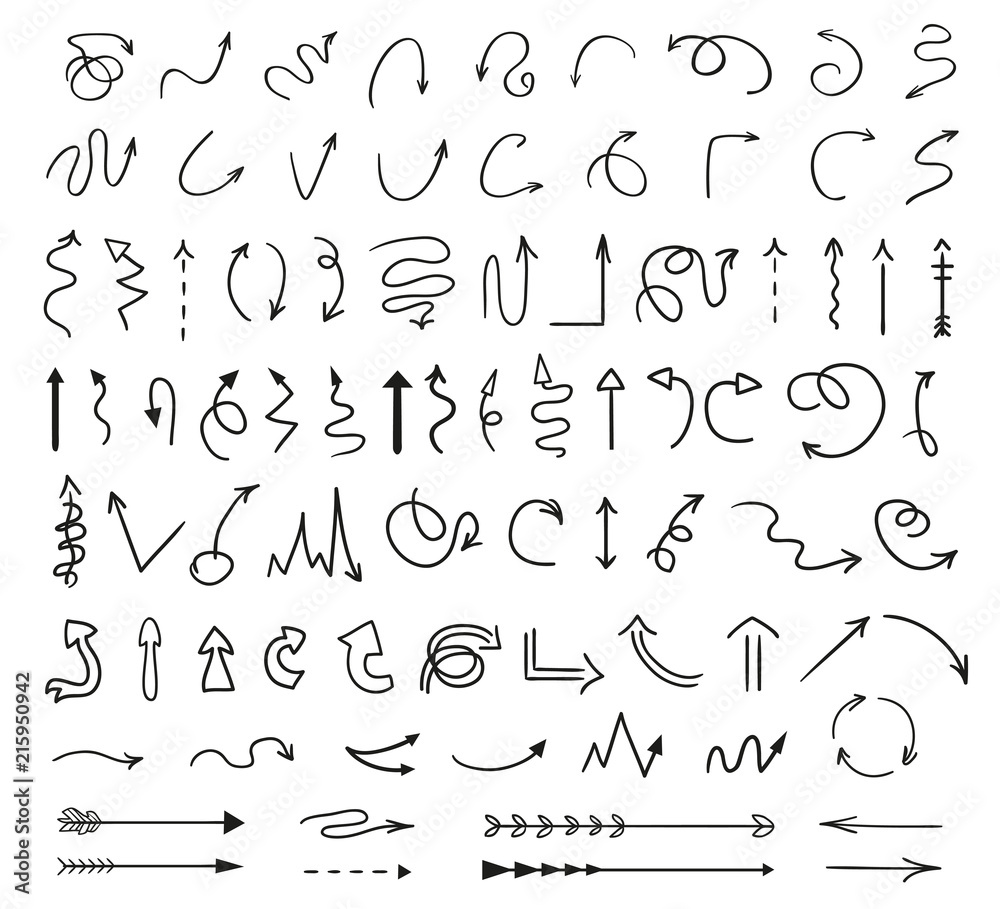 Hand drawn infographic elements on white. Black arrows. Line art. Set of different signs Hand drawn infographic elements on white. Black arrows. Line art. Set of different signs