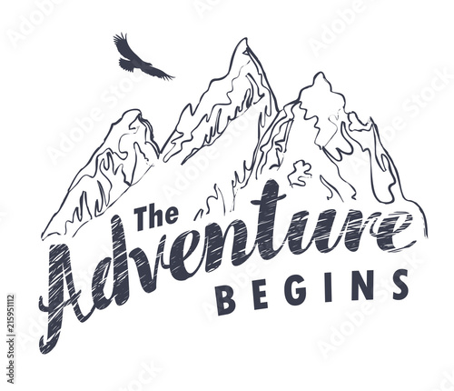 Vector travel banner or black and white illustration with mountains, flying eagle and inscription The adventure begins in retro style
