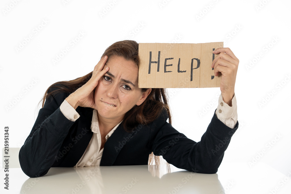 Young attractive frustrated and tired latin businesswoman holding help sign message exhausted, sad under pressure and stress isolated on white in unemployment depression overwork concept Young attractive frustrated and tired latin businesswoman holding help sign message exhausted, sad under pressure and stress isolated on white in unemployment depression overwork concept