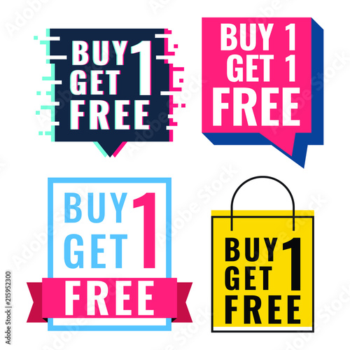 Buy 1 get 1 free. Set of badges, icons. Vector illustrations on white background.