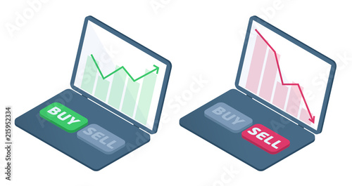 The laptop with stock quote graphs on the screen. The drop and the growth in the shares price trends. The broker's laptop, selling and buying buttons. Business flat isometric concept illustration.
