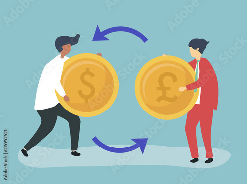 Characters of two businessmen exchanging currency illustration