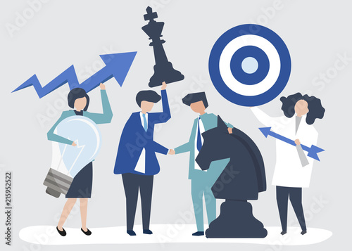 Business people holding goal and strategy icons illustration