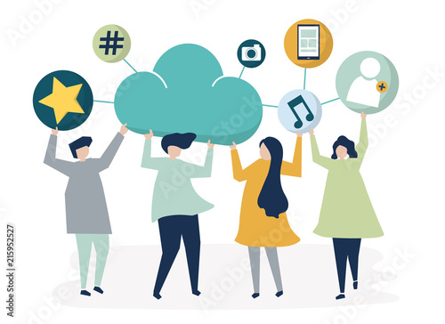 People holding cloud and social networking icons illustration