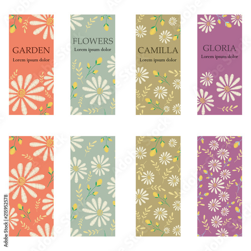 Vector set of colorful vertical banners for business and invitation. Rustic floral ornaments. Embroidery imitation photo