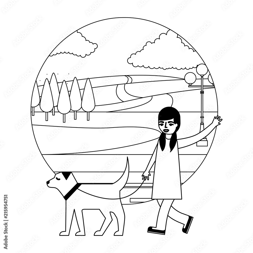 little girl with dog mascot in landscape little girl with dog mascot in landscape
