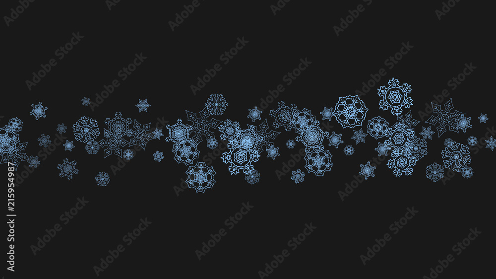 Snowflake border for Christmas and New Year celebration. Holiday snowflake border on black background with sparkles. For banners, gift coupons, vouchers, ads, party events. Horizontal frosty snow. Snowflake border for Christmas and New Year celebration. Holiday snowflake border on black background with sparkles. For banners, gift coupons, vouchers, ads, party events. Horizontal frosty snow.