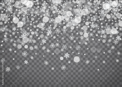 Snowflake border for Christmas and New Year holidays. Horizontal snowflake border on transparent background with sparkles. For banners, gift coupons, vouchers, ads, party events. Falling frosty snow.