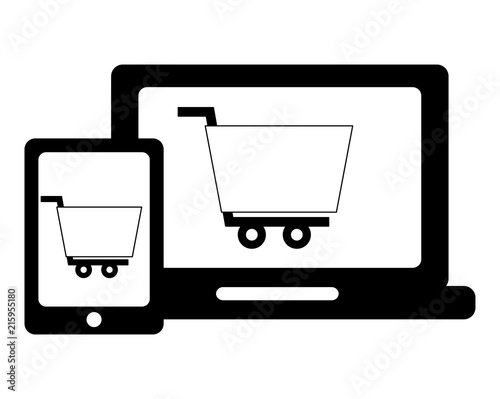 set tablet device with cart shopping isolated icon