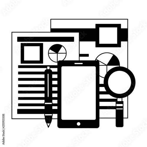 paperworks financial graph cellphone magniftying glass and pen