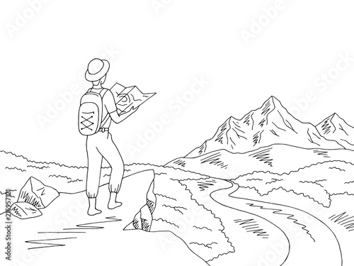 Traveler looks at the map. Mountain river graphic black white landscape sketch illustration vector
