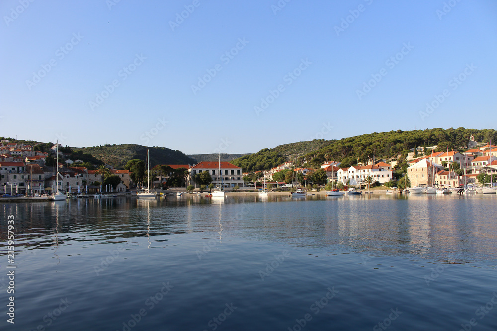 Beautiful small boats in the harbor of Postiral town Croatia, Brac island.