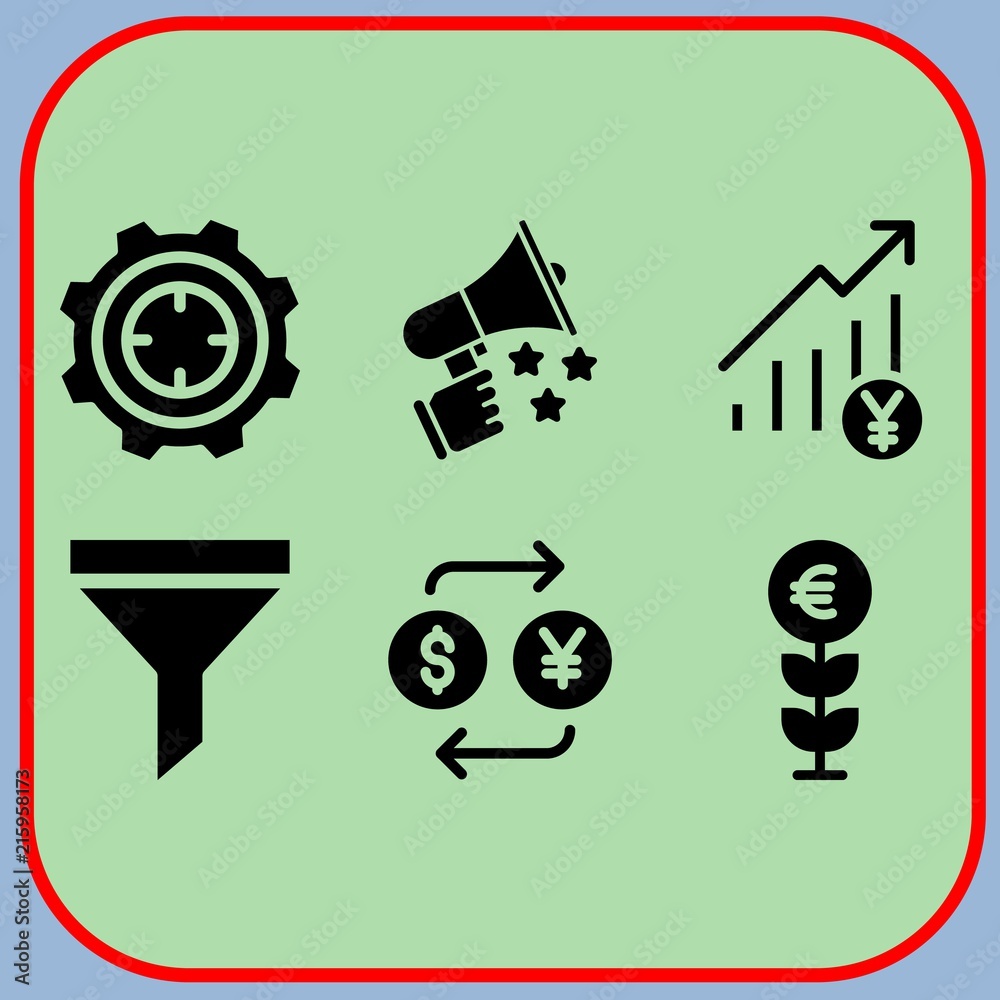 Simple 6 icon set of business related target, exchange, profits and megaphone vector icons. Collection Illustration Simple 6 icon set of business related target, exchange, profits and megaphone vector icons. Collection Illustration