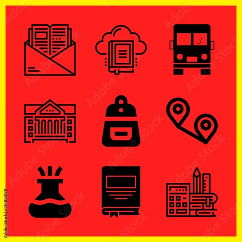 Simple 9 icon set of edication related flask, school, book and backpack vector icons. Collection Illustration
