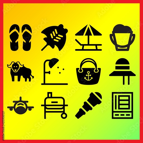 Anchor hand bag, buffalo and sunbed related icons set