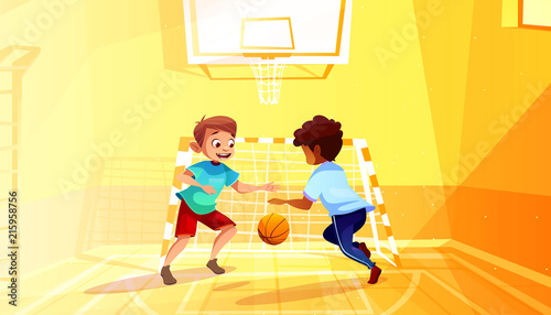 Boys playing basketball vector illustration of black Afro American kid with ball in school gymnasium. Little children in sport hall interior cartoon background