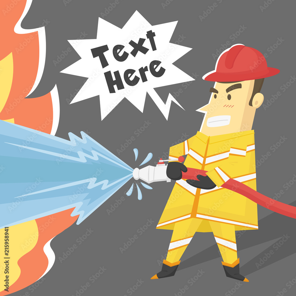 Firefighter cartoon character design trying to stop fire with heavy water  jet stream - Vector illustration. Stock Vector | Adobe Stock